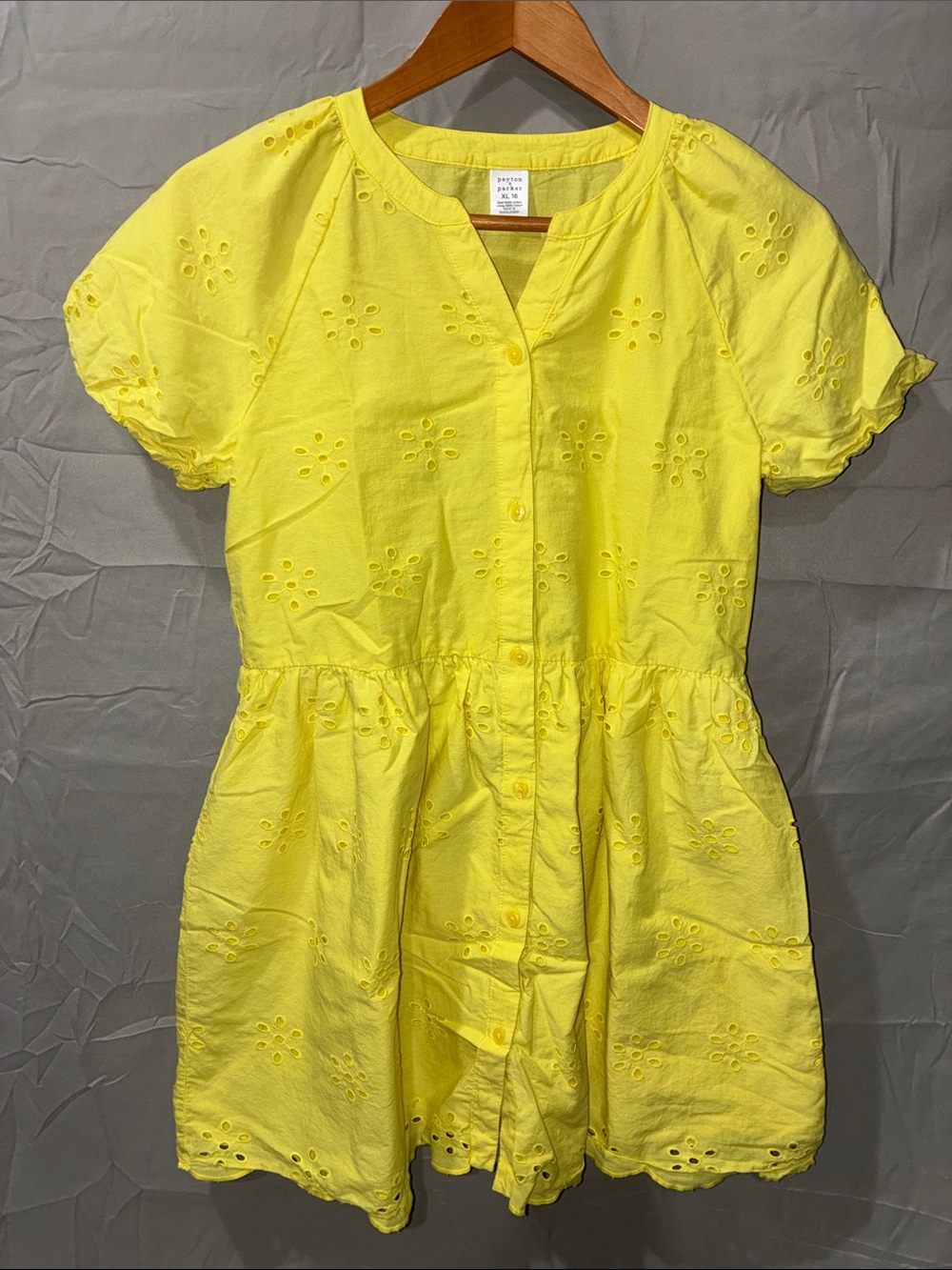 Girls' Bright Yellow Eyelet Button-Front Cotton Dress